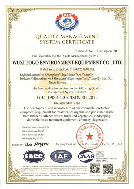 ΚΙΝΑ WuXi TOGO Environment Equipment Co., Ltd. Πιστοποιήσεις